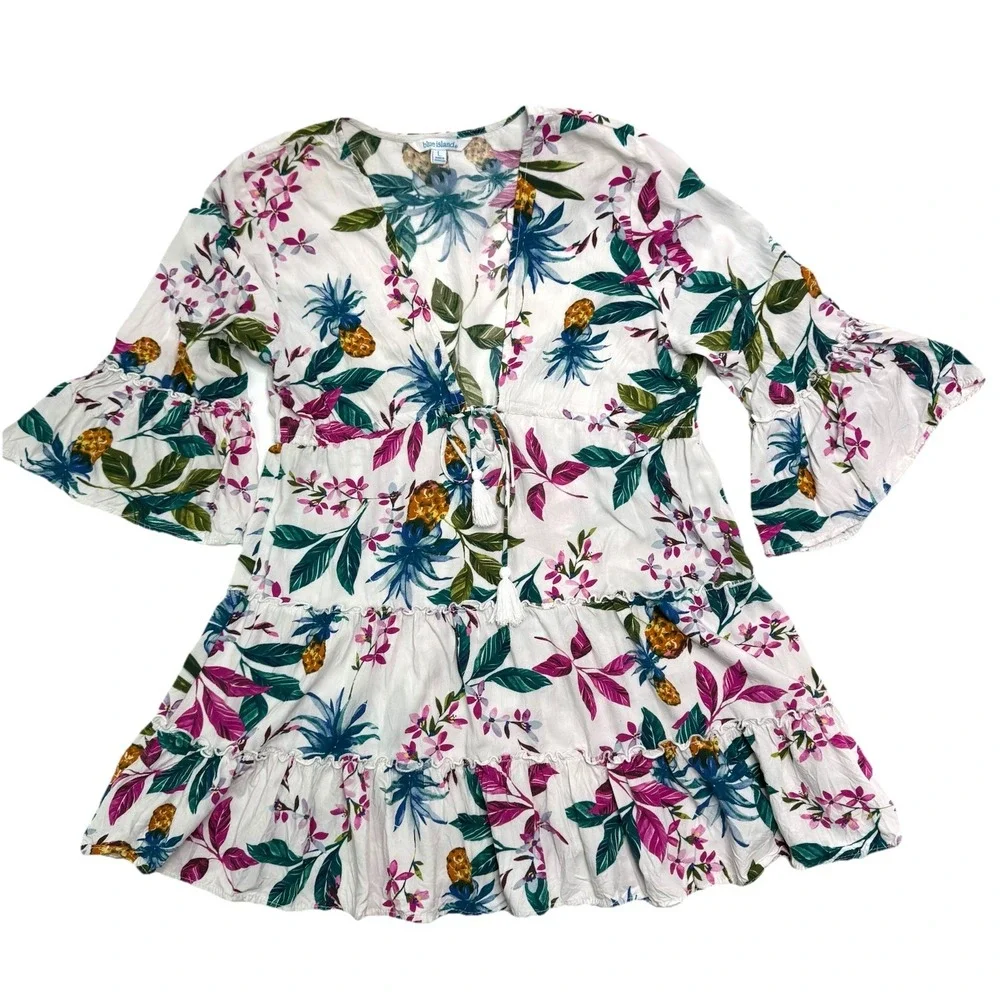 Blue Island Swim Cover Up Dress Beach Pineapples Palm White Ruffled Womens Large
